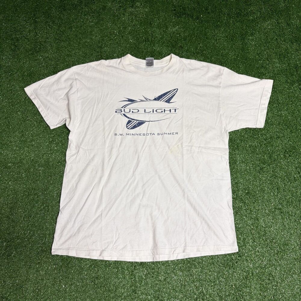 Y2K Bud Light Surf Style T‑Shirt 2XL White Fruit of the Loom Beer Graphic Tee